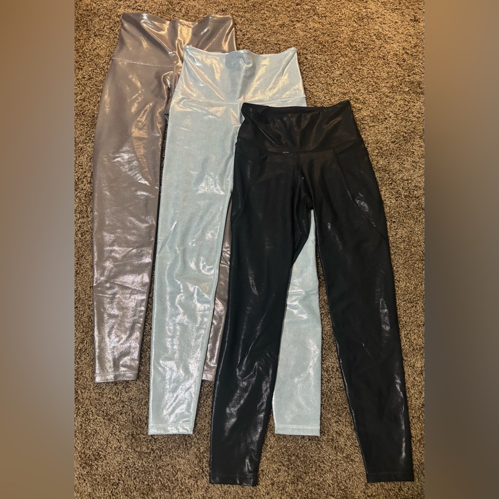 Old Navy Active Powersoft Go-Dry Leggings Small Set/3 Metallic Black Blue Mocha